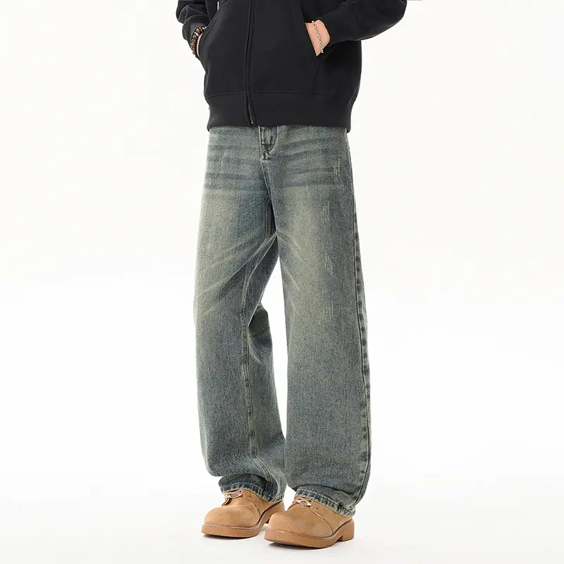Men's Autumn Denim Jeans - Menswear, Plain, Classic, Stylish, Vintage Distressed, Straight-Cut Slim Fit, Multi-Color, Pocket, Casual Long Pants for Everyday Wear