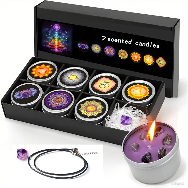 7-Pack Colorful Scented Candle Gift Set with Natural Crystal Pendant, Soy Wax Candles for Yoga, Christmas & Halloween Gifts, Aroma Candle, Home Decor, Home Accessories, Home Decoration