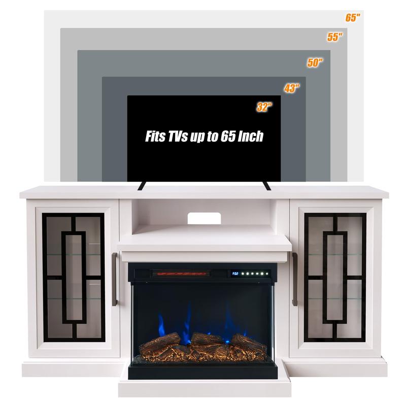 59 Inch LED TV Stand with 3-Side Glass Fireplace, Modern Media Entertainment Center Console Table for TVs up to 65 Inch with Adjustable Flame & LED Color, 24’’ Fireplace, Highboy, White