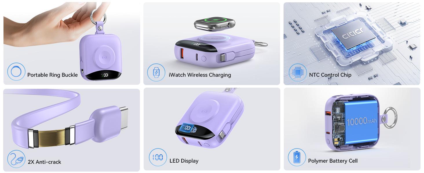 10000mAh Portable Charger Power Bank, 3-in-1 Wireless Battery Pack with Built-in USB-C & Lightning Cables, 22.5W Fast Charging, LED Display for iPhone, Apple Watch & Android Chargeable