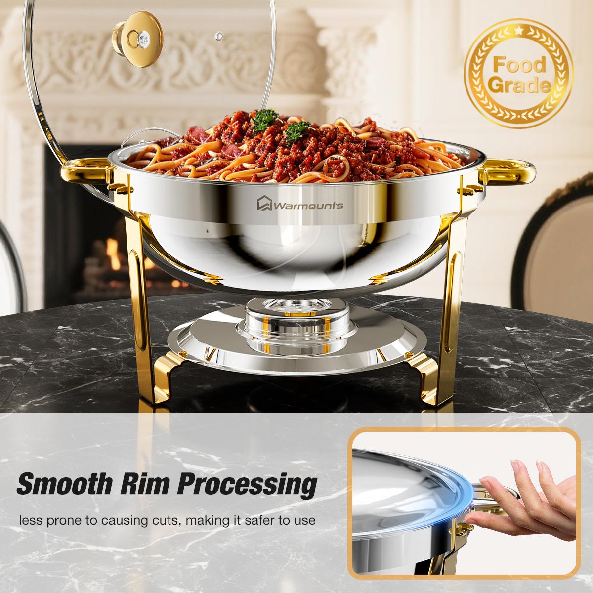 WARMOUNTS Chafing Dish Buffet Set, Glass Lid 5QT 2/4/6 Pack Gold Accent Stainless Steel Chafers and Buffet Warmers Sets with Lid & Lid Holder for Parties Catering Events Weddings Banquets WARMOUNTS Chafing Dish Buffet Set, Glass Lid 5QT 2/4/6 Pack Gold Accent Stainless Steel Chafers and Buffet Warmers Sets with Lid & Lid Holder for Parties Catering Events Weddings Banquets