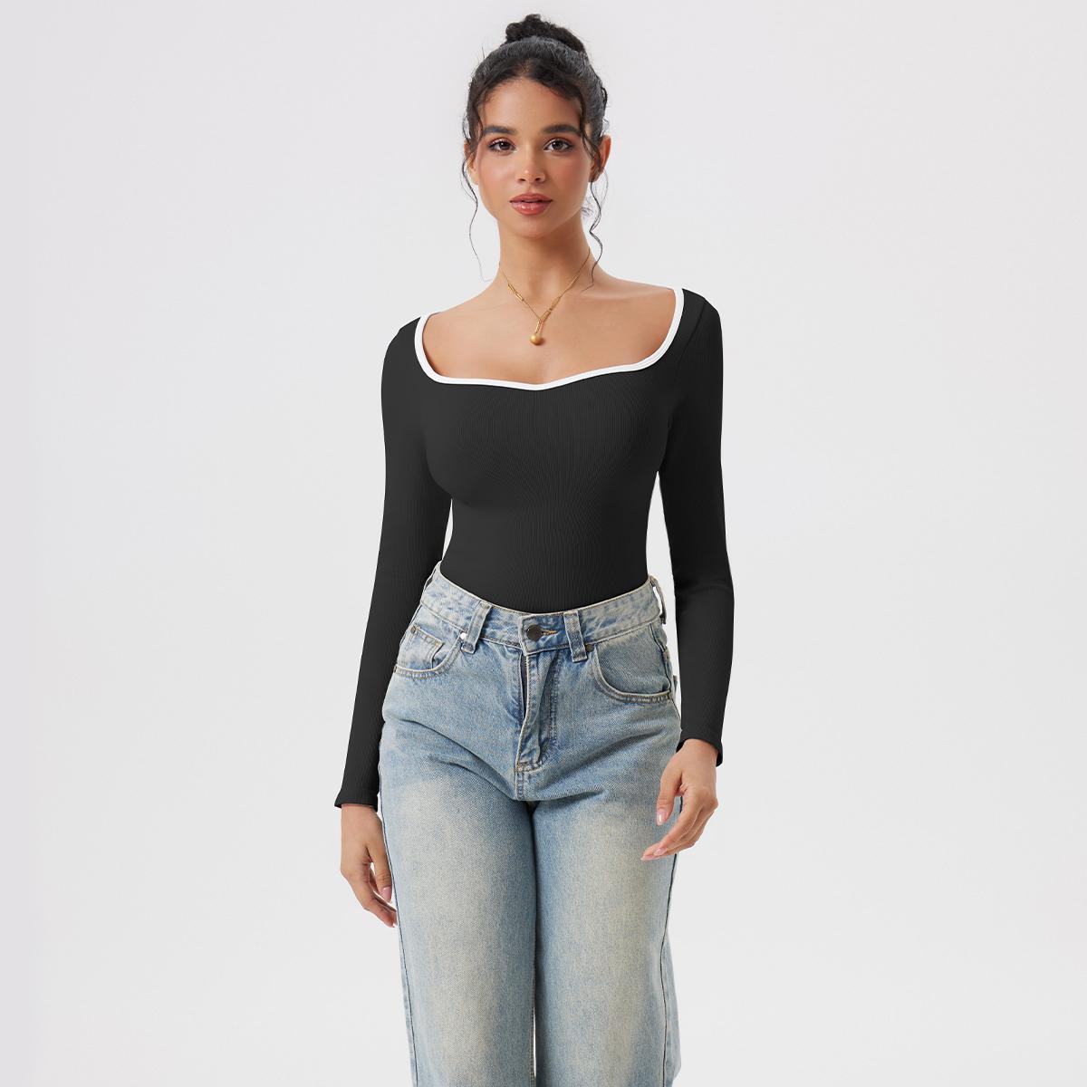 OQQfitness Womenswear Sweetheart LongSleeve Casual Top Fall Fashion Bodysuits Minimalist Contrast Binding Shirt Going Out Basic Outfit SpringStatements