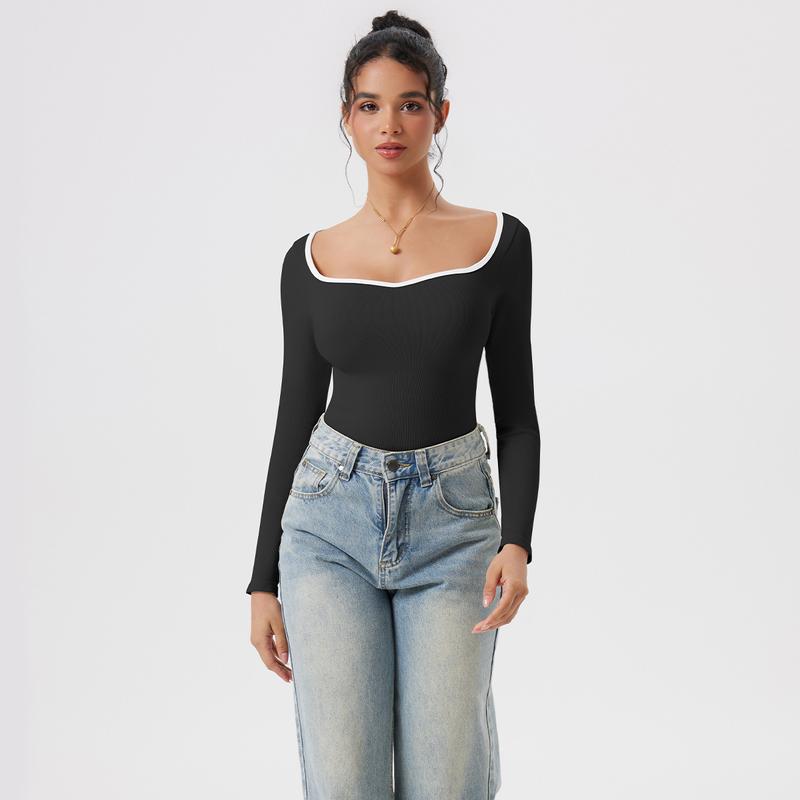 OQQfitness Womenswear Sweetheart LongSleeve Casual Top Fall Fashion Bodysuits Minimalist Contrast Binding Shirt Going Out Basic Outfit