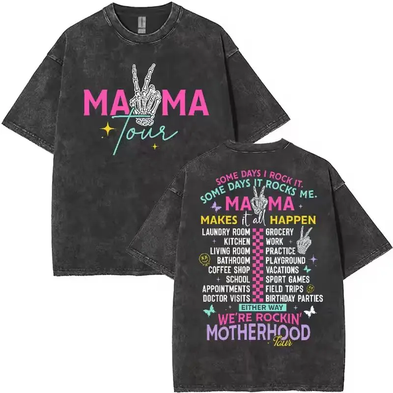 Oversized Mama Tour Graphic T-Shirt for Moms, Vintage Washed 100% Cotton Short Sleeve Top with Rocker Style Back Print