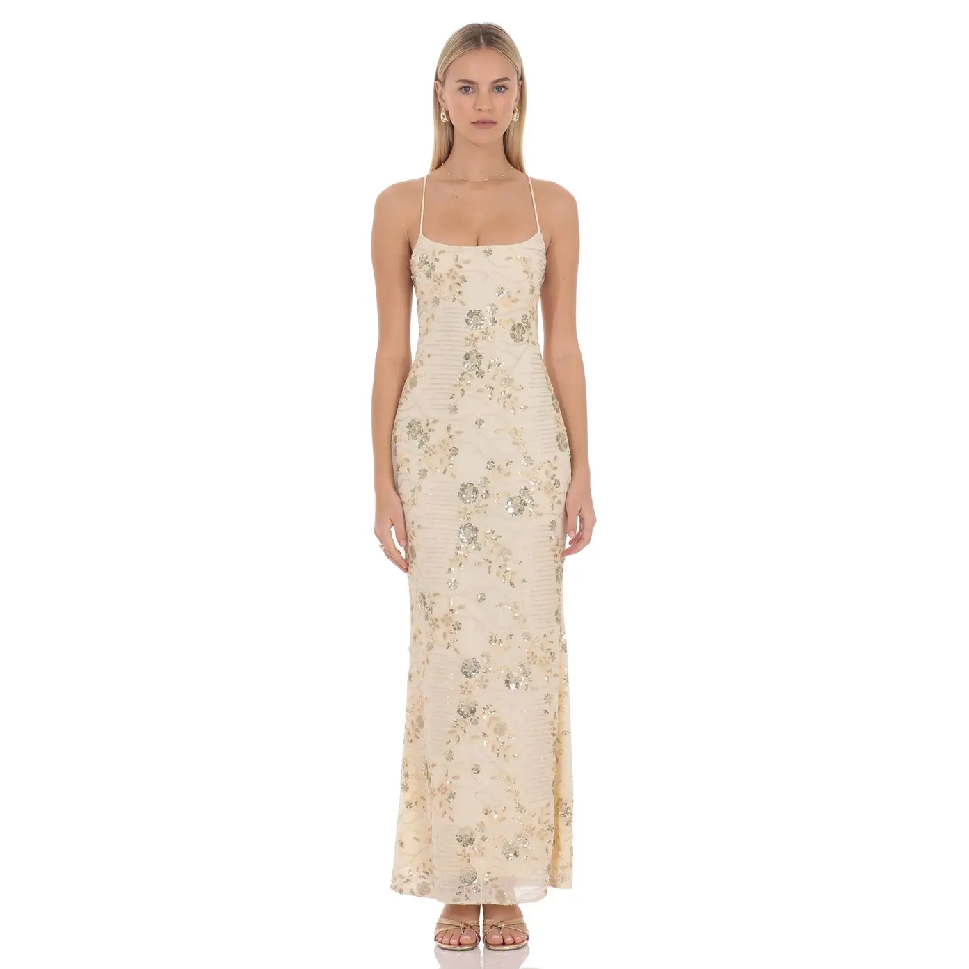 fitted lace wedding dress Beverley Cream Mesh Maxi Dress main image 1