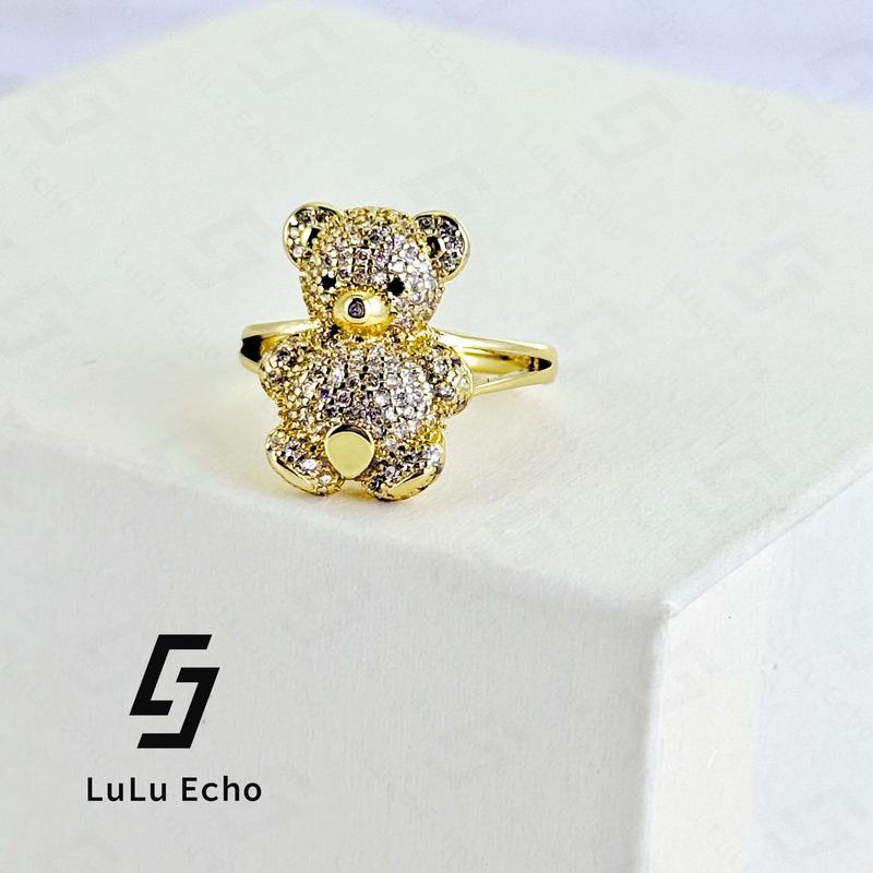 LuLuEcho XP Laminated 14KGold Plated Cluster Iced Out Rings Adorable Bear Design with Sparkling Details Versatile for Any Occasion Elegant Gift
