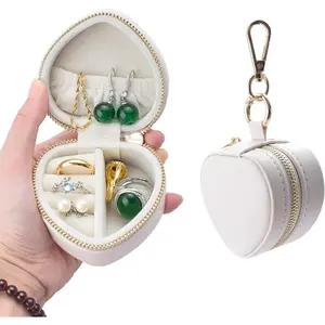 BOOVO Heart-Shaped Ring Holder Keychain, Mini Travel Jewelry Case for Wedding Rings, Sports & Vacations, Portable PU Leather Organizer with Dedicated Ring Slots & Secure Snap-Button Earring Compartments, White