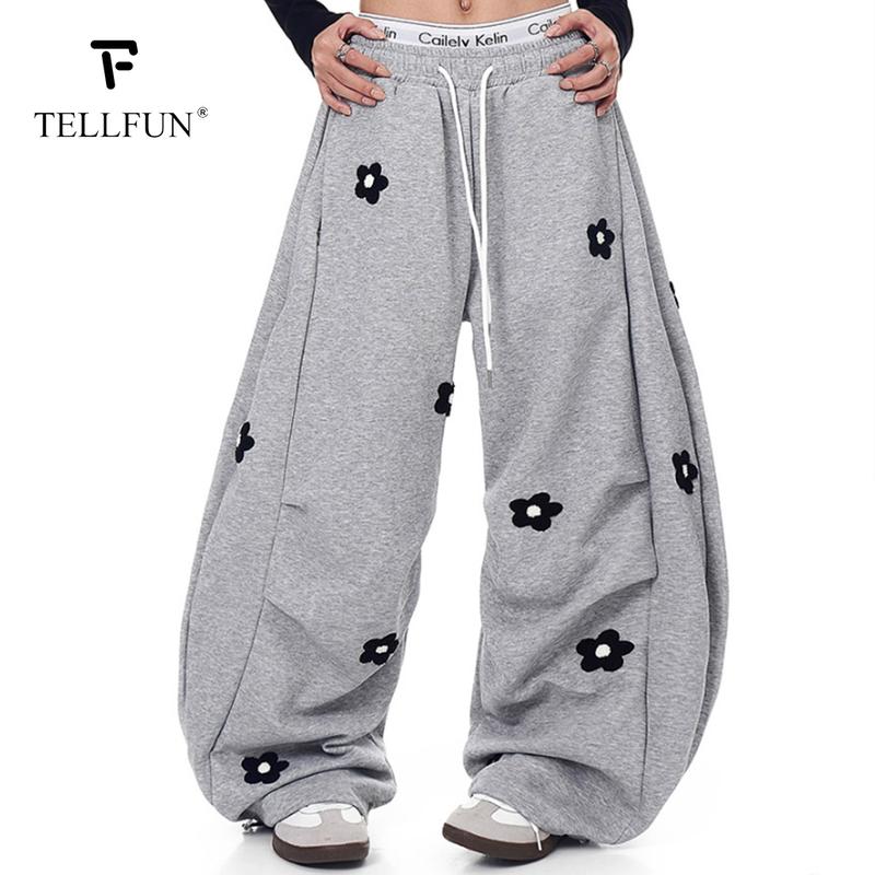 TELLFUN 2026 Unisex Floral Embroidery Baggy Barrel Sweatpants Elastic Waist Drawstring Casual Y2K Streetwear Loose Fit Vintage Joggers