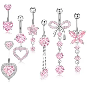 7PCS 14G Belly Button Ring Dangle Belly Button Piercing Surgical Stainless Steel Belly Rings Cute Heart Butterfly Flower Dangling Belly Piercing Jewelry for Women