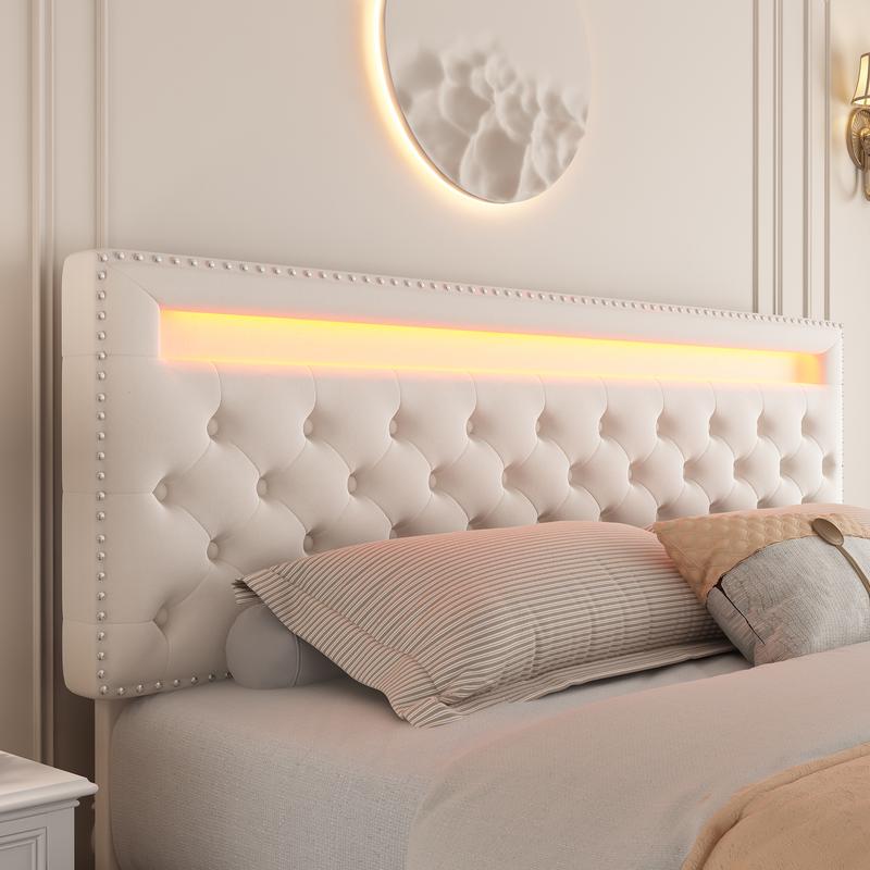 GEGOFORU Queen LED Storage Bed Frame with 4 Drawers, Smart RGBW Lights in Headboard & Footboard, App & Remote Control, Quiet Upholstered Platform Bed, Off-White PU / Velvet, No Box Spring Needed GEGOFORU Queen LED Storage Bed Frame with 4 Drawers, Smart RGBW Lights in Headboard & Footboard, App & Remote Control, Quiet Upholstered Platform Bed, Off-White PU / Velvet, No Box Spring Needed