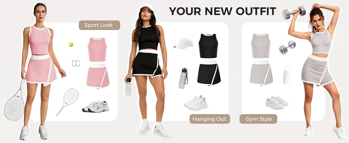 FISOEW Sports  2026 Summer Spring Womens 2 Piece Outfits Casual Sleeveless Contrast Color Tank Tops Workout High Waisted Skort Skirts Sets Fashion Minimalist FallFreshness Shorts Clothes, SpringStatements