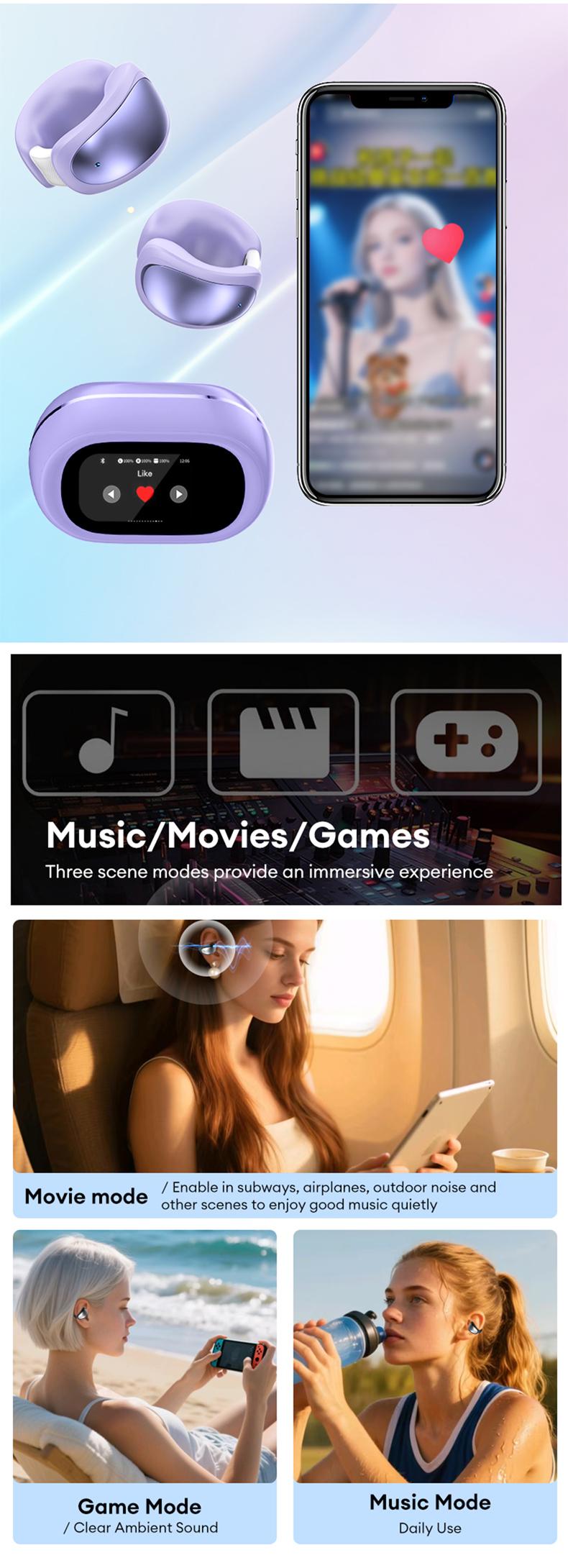 MGALL C100 Multifunctional Clip-On Wireless Headphones with 2025 Bluetooth 6.0, LED Touch Screen, Prevent Earphone Loss, Audio Earbuds for Music & Calls, Ideal Gift for Men & Women