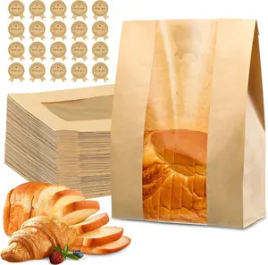 50 Pcs Bread Bags for Homemade Bread, Sourdough Paper with Window, 50% Thicker 13.7X8.2X3.7In a Large Bakery Bags Used for Storage Cookies & Snacks, 60 Cute Sealing Stickers with Ties AZLTC