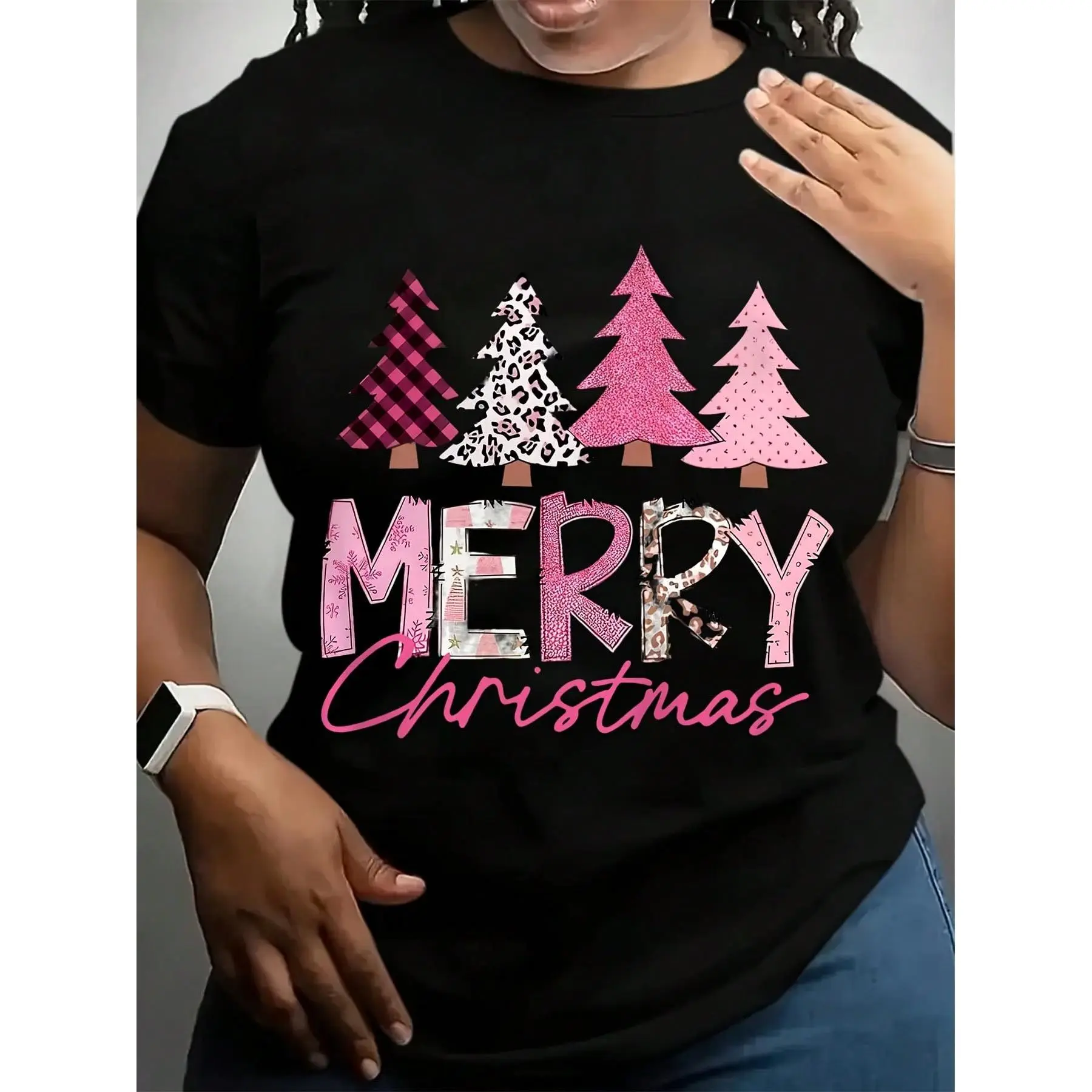 Merry Christmas T-Shirt For Women Festive Pink Plaid & Leopard Print Trees Design Holiday Seasonal Graphic Tee Cute Xmas Party Gift Idea  Fabric Regular Fit Short Sleeve Tops Womenswear Piece Tshirt