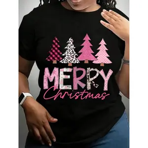Merry Christmas T-Shirt For Women Festive Pink Plaid & Leopard Print Trees Design Holiday Seasonal Graphic Tee Cute Xmas Party Gift Idea  Fabric Regular Fit Short Sleeve Tops Womenswear Piece Tshirt