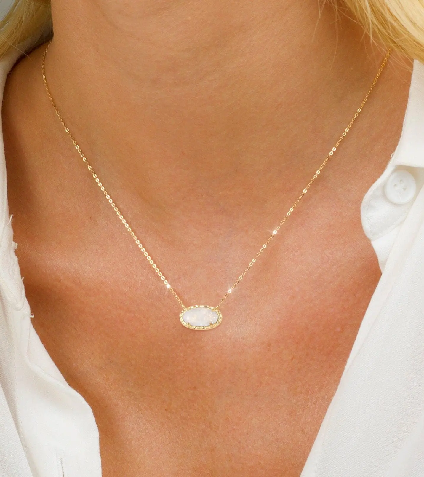 Gold Necklace for Women 14k Gold Plated Brass Dainty White Opal Pendant Necklace Oval Stone Prom Choker Necklace Birthday Wedding Bridesmaid Necklace Mothers Day Jewelry gifts/Halo Grace