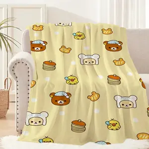 Cute Cartoon Rilakkuma Bear Flannel Blanket - Premium Flannel Material Plush Nap Throw for Living Room Sofa Rug Office Bedroom Home Travel Kids Mother's Day Valentine's Day Birthday Christmas Gift