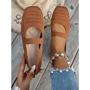 Women's Casual Soft Sole Square Toe Flat Shoes, Elastic Band Patchwork Design, Comfortable Walking Shoes for Indoor & Outdoor Use, Slip On Flats