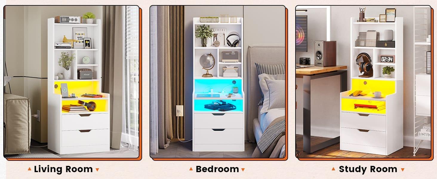 Sikaic LED Nightstand with Bookshelf Charging Station Table Multifunctional RGB Light Strips 2 USB Ports App Control Dynamic Modes Modern Side End Table
