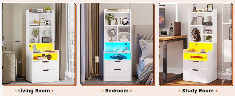 Sikaic LED Nightstand with Bookshelf Charging Station Table Multifunctional RGB Light Strips 2 USB Ports App Control Dynamic Modes Modern Side End Table
