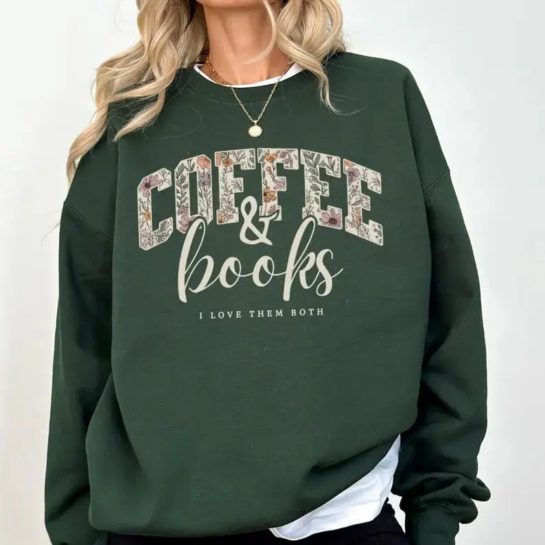 Coffee & Books Sweatshirt & Tshirt, Cute Book Lover Sweatshirt & Tshirt, Book Club Shirt, Cozy Reader Gift, Teacher Back to School Graphic Crewneck