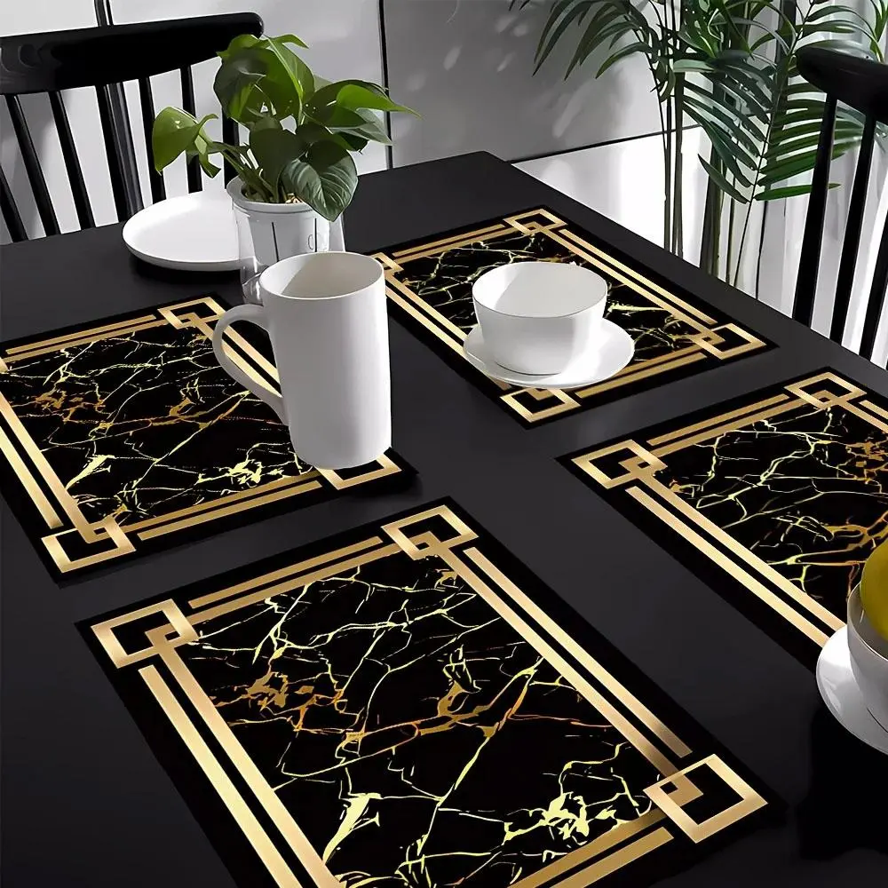 Black & Gold Pattern Placemat, 4 Counts/set Creative Table Mat, Decorative Placemat for Home Kitchen Dining Room, Vanity Decor Accessories, Table Placemats