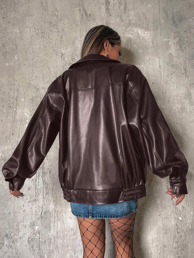 Zip Up Drop Shoulder PU Thick Leather Jacket *LooKo