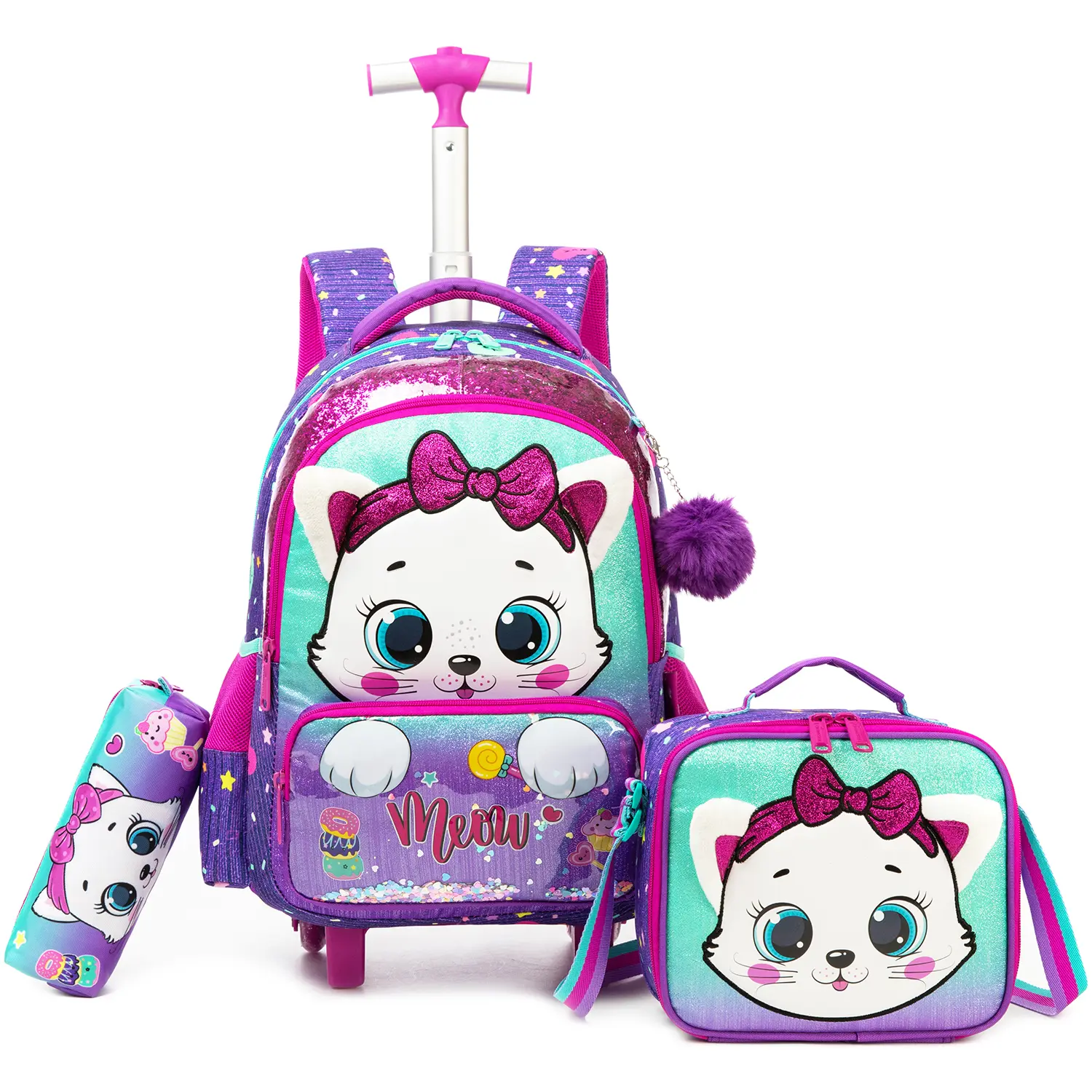 Toddler Girls' Large-Capacity Spinner Luggage/Trolley Backpack Set with Spinner Wheels, Matching Lunch-Pencil Case Accessories, Cute Cat Graphic, Back to School Haul Essential, Hand Wash Only, Casual Gift Bag, Nylon