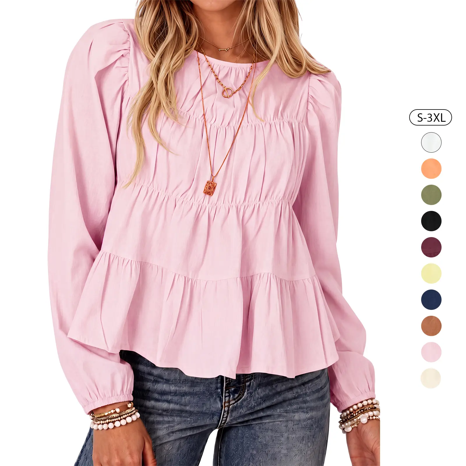 Tankaneo Womens long Sleeve Puff Loe Babydoll Tops Peplum Pleated Flowy Blouse | Spring Fall, Crew Neck, Trendy Casual, Loose Fit, Cute Shirts, Back Keyhole Womenswear