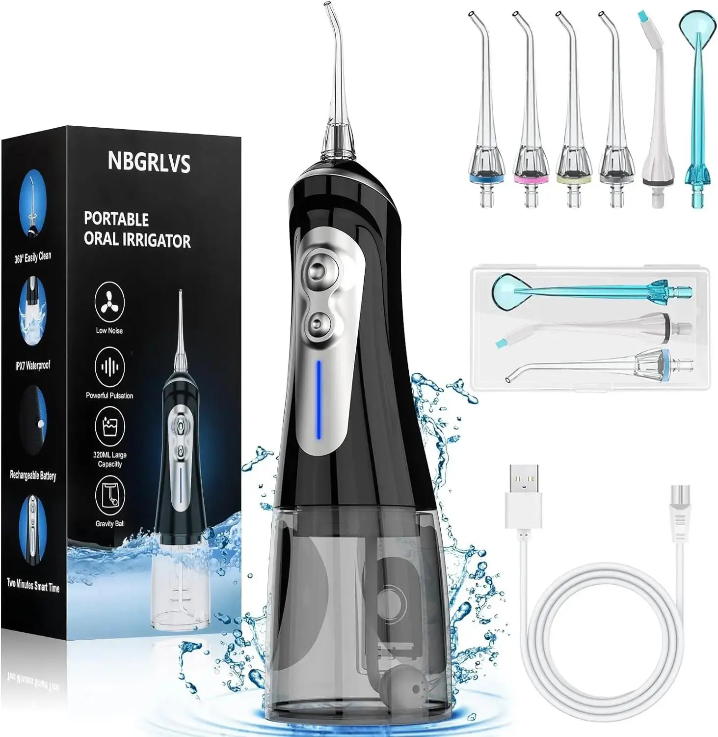 Cordless Water Flosser - Rechargeable USB-Port Adjustable Oral Irrigator with 5 Modes, 6 Tips, 320ml Tank, 500g Fast-Charging Teeth Cleaning Tool for Braces, Mouth Care (Home/Travel Use)