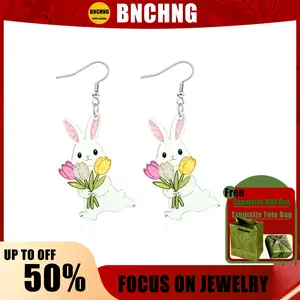 BNCHNG Easter Bunny Earrings for Women Cute Acrylic Rabbit Earrings with Tulip Sparkling Spring Holiday Jewelry Gift, easter earrings, easter earrings for women