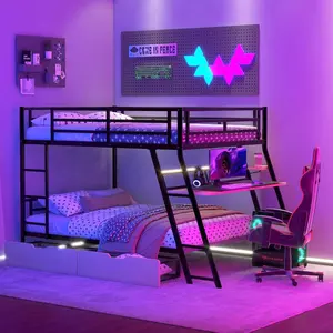 Full Over Full Bunk Bed, Heavy Duty Metal Bunk Bed with Built-in Desk, LED Light and 2 Drawers for Teens Adults, No Box Spring Required, Black