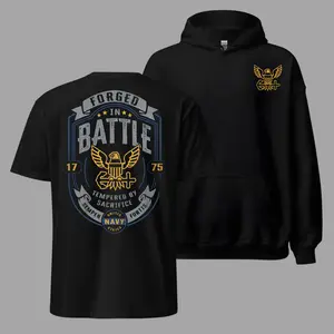 Forged In Battle United States Navy T Shirt and Hoodie 2 Sides, US Navy 1775 Semper Fortis Crest Graphic, Navy Veteran Military Apparel