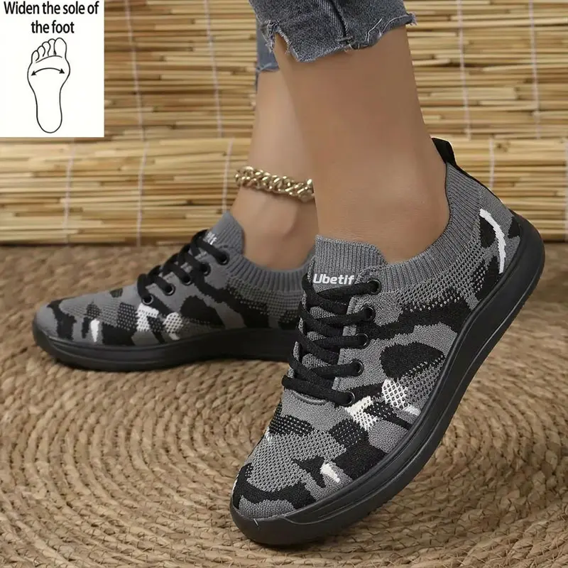 Wide Toe Box Sneakers for Women - Bunion Friendly Slip-On Mesh Knit Walking Shoes, Orthopedic Comfort Shoes for Plantar Fasciitis & Swollen Feet, Grey Camo