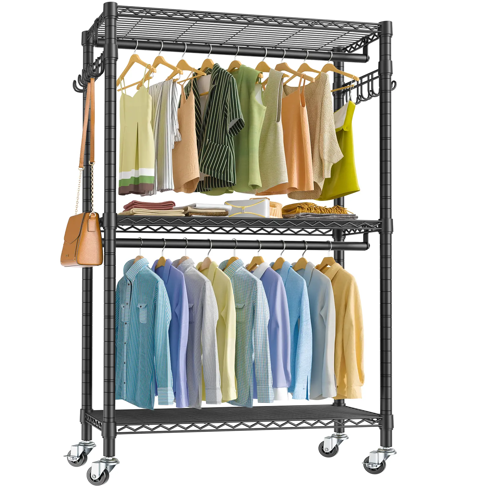VIPEK R2 Series Multifunctional Carbon Steel Freestanding 3-Tier Adjustable Rolling Closet Organizer Racks with Caster Base, Sturdy Portable Hangable Wardrobe for Bedroom Closet Storage & Hanging Clothes Organization, Casters