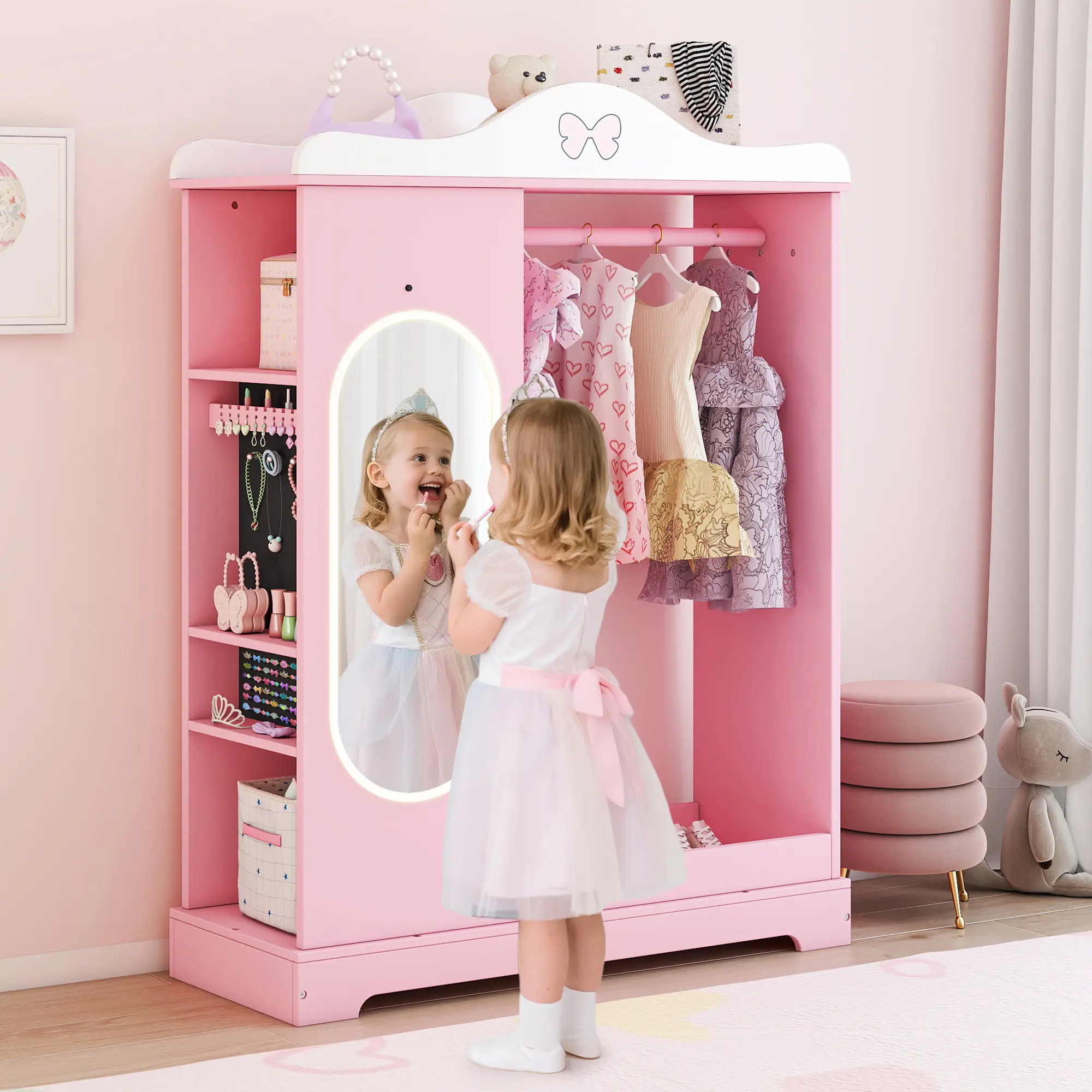 Topwin Multifunctional Girl’s Storage Cabinet with LED Mirror, Jewelry & Clothes Organizer – Safe & Stylish