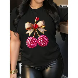 Women'S Shiny Cherry and Bowknot Print T-Shirt with Rhinestone Pattern | Semi-Transparent Casual Summer Top, Round Neck Short Sleeve, Suitable for Spring and Autumn, Daily Wear and Vacation