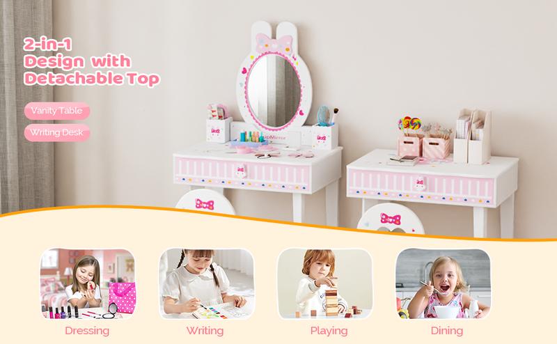 JOYMOR Kids Vanity Set with Mirror, 2-in-1 Design, Toddler Vanity w/a Drawer, Storage Box, 7 pcs Make up Accessories, Kids Vanity Table and Chair Set (White) JOYMOR Kids Vanity Set with Mirror, 2-in-1 Design, Toddler Vanity w/a Drawer, Storage Box, 7 pcs Make up Accessories, Kids Vanity Table and Chair Set (White)