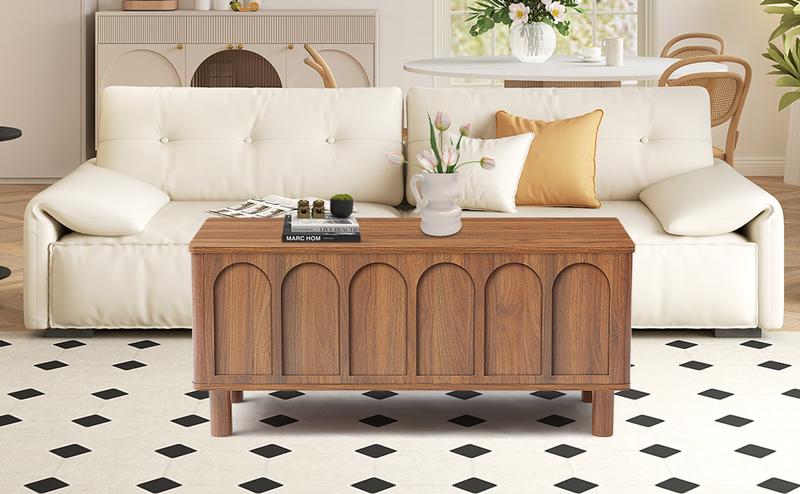 Giratree Lift Top Coffee Table with Arched Finish, Modern Coffee Table with Lifting Tabletop & Hidden Storage, Wood Center Table for Living Room,Convenient for Dining, Gaming or Working