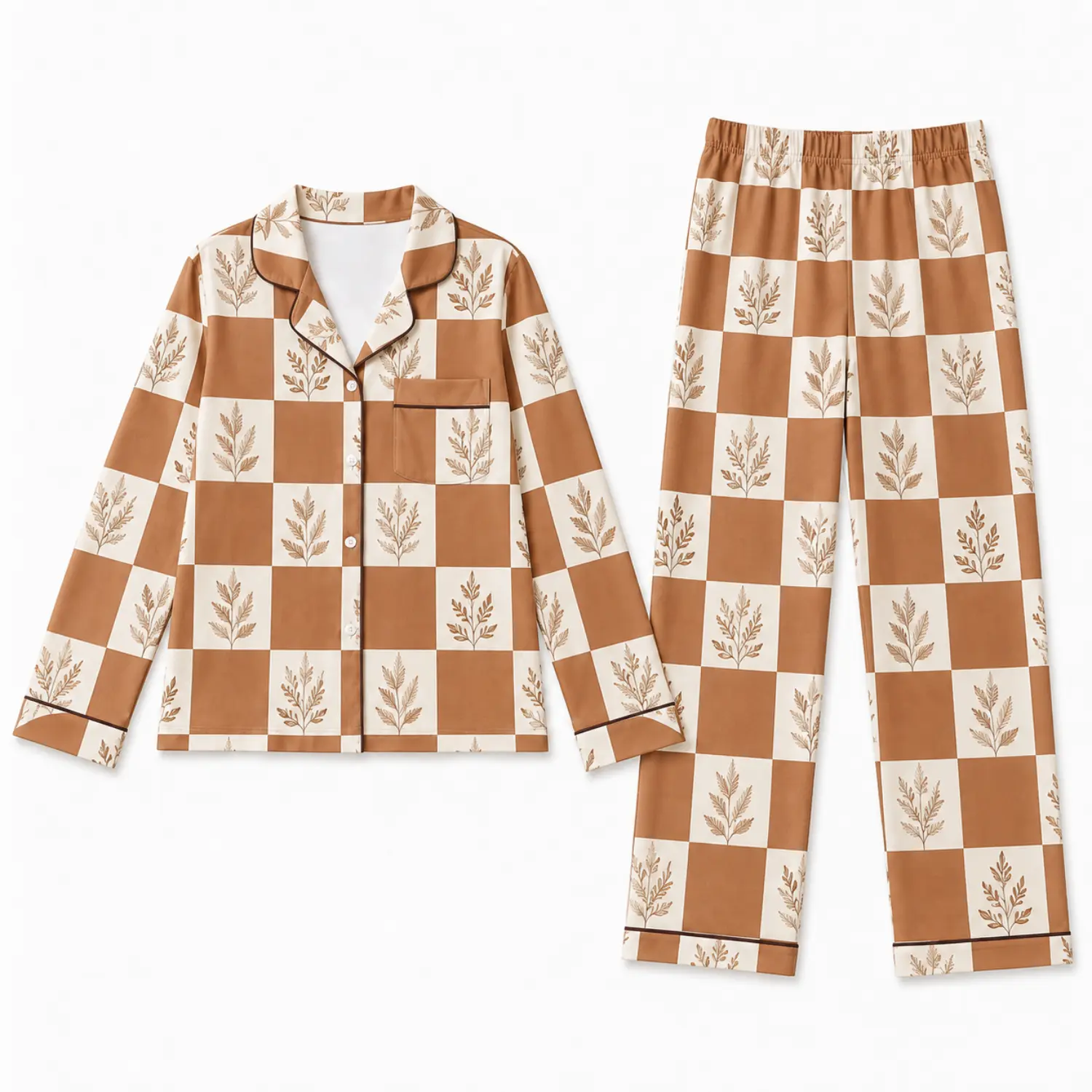 Autumn Winter Long Sleeve Button Front Pajama Set, Checkered Leaf Print Two Piece Sleepwear for Cozy Nights