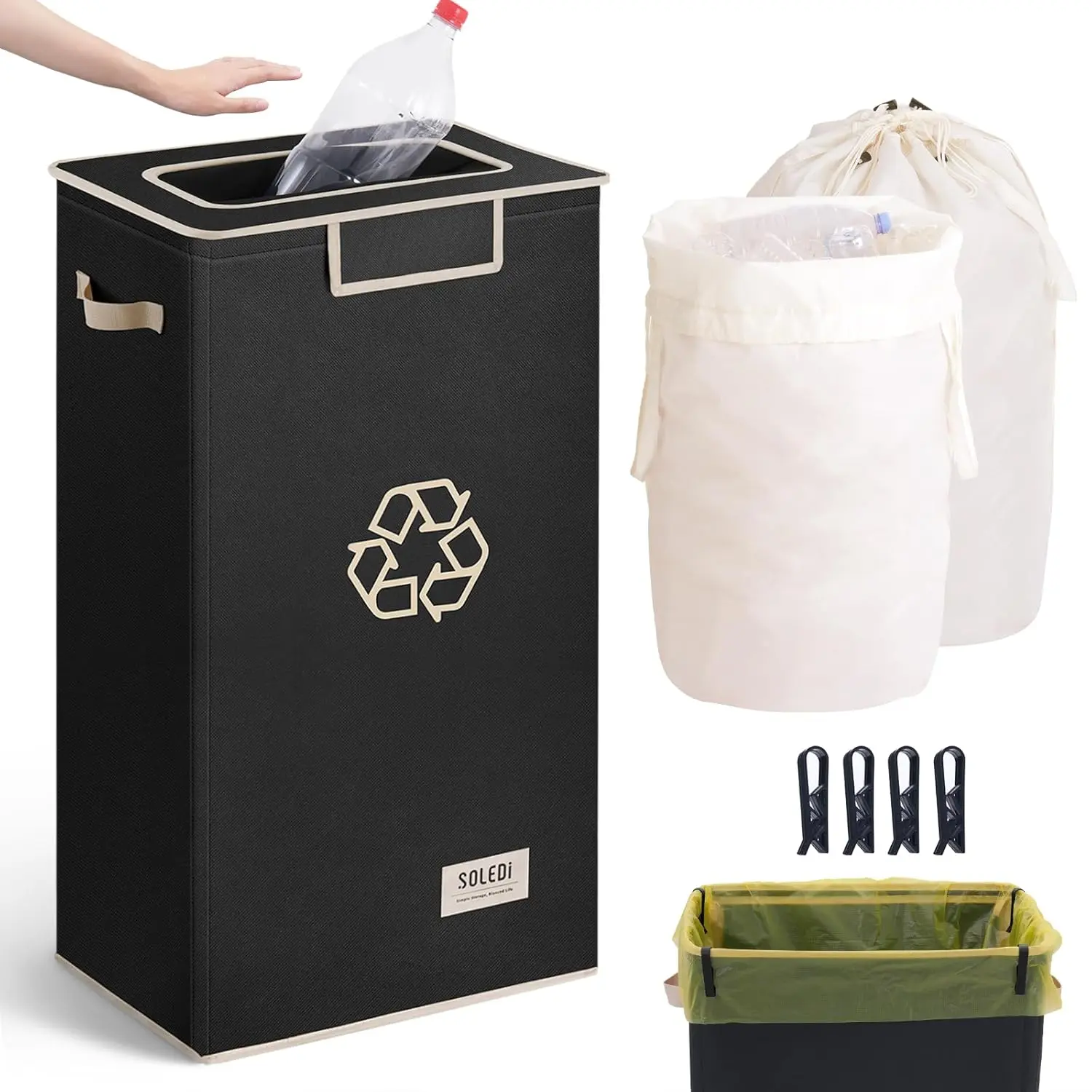 SOLEDI Recycle Bins for Kitchen,26 Gallon Recycling Bin with Lid and 2 Removeable Reusable Inner Bags,Indoor Recycling Trash Can for Collector of Bottles Cans, and Plastic,  trash cans for kitchen, Bathroom, Laundry Room  ,dorm essentials,home decor