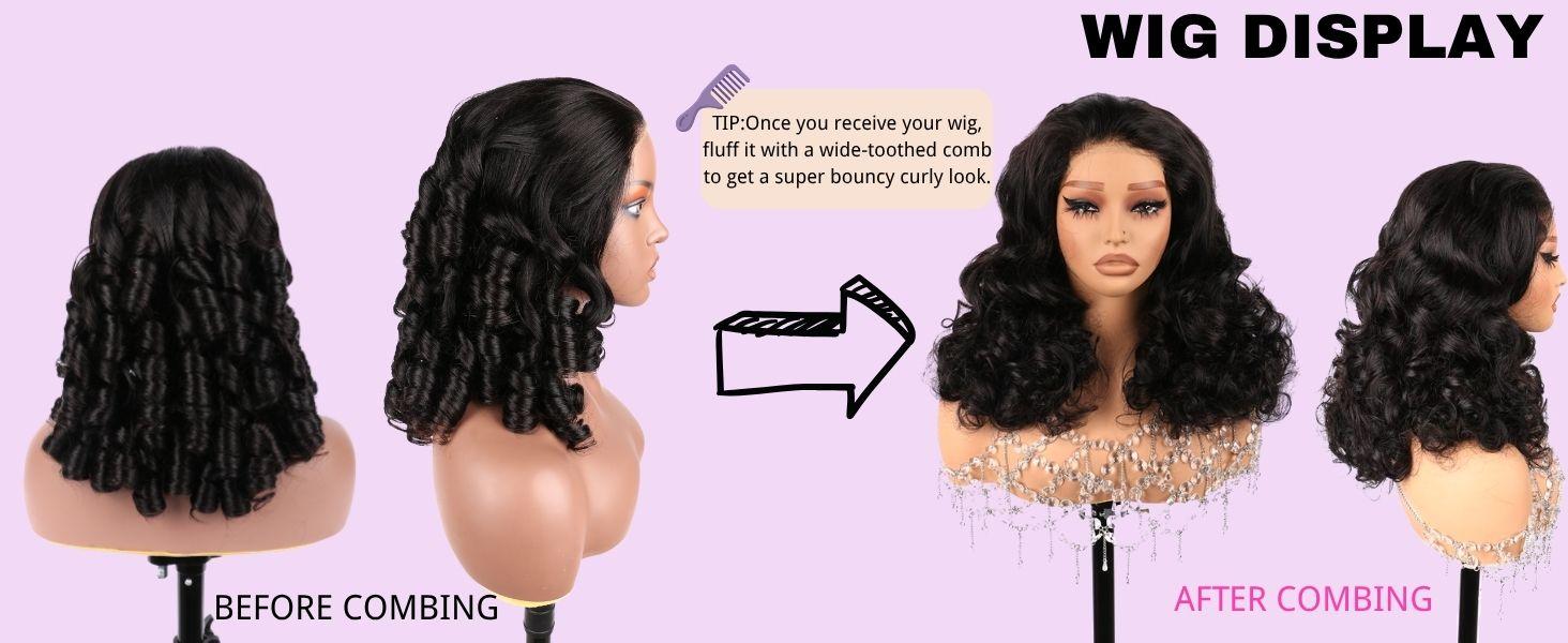 Suntuhair 250% Density Wig Blow Out Luxurious Bomb 12A Brazilian Human Hair Funmi Bouncy Curly Glueless Wigs Pre Plucked Hairline Pre Cut Lace 5x5 Lace Middle Part Closure Wigs Super Double Drawn Wig 90s Style