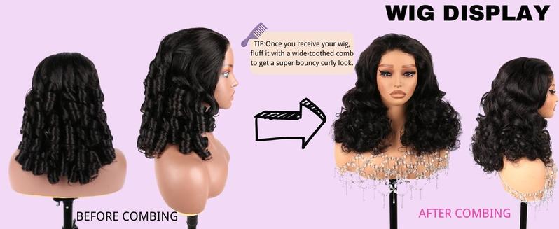 Suntuhair 250% Density Wig Blow Out Luxurious Bomb 12A Brazilian Human Hair Funmi Bouncy Curly Glueless Wigs Pre Plucked Hairline Pre Cut Lace 5x5 Lace Middle Part Closure Wigs Super Double Drawn Wig 90s Style