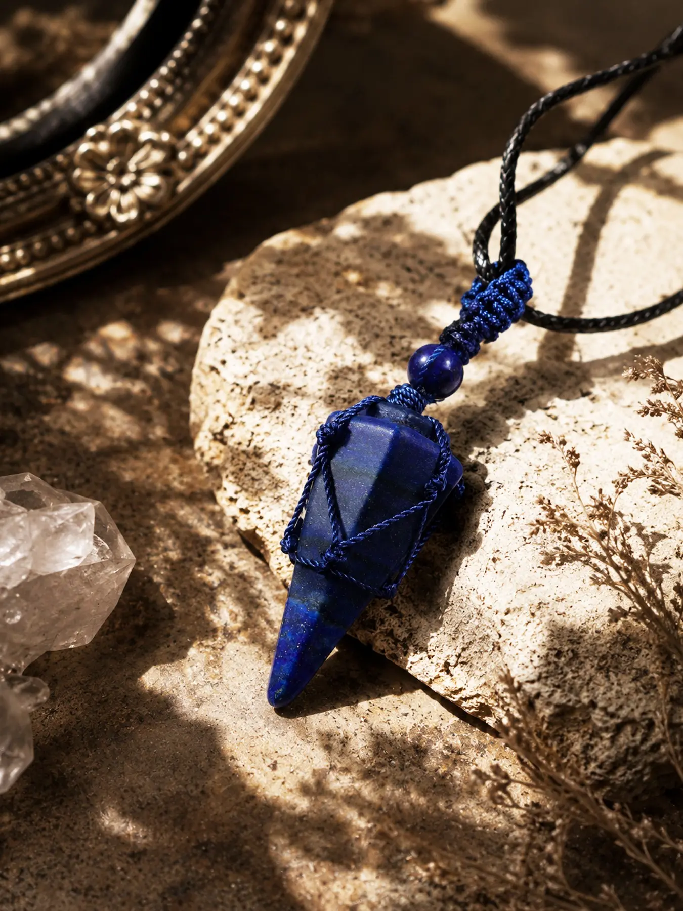 Natural Lapis Lazuli Crystal Pendulum Necklace Pendant, Bohemian Healing Chakra Jewelry, Handwoven Rope Chain, Ideal for Meditation and Birthday Gifts