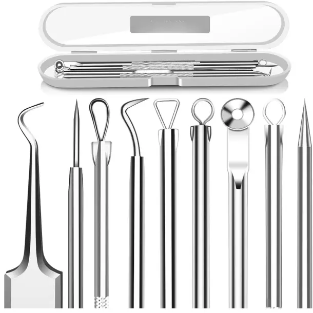 5PCS Blackhead Remover Comedone Extractor, Curved Blackhead Tweezers Kit, Professional Stainless Pimple Acne Blemish Removal Tools Kit for Manual