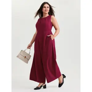 BLOOMCHIC Plus Size Pleated Neckline Stretchy Waist Jumpsuit [M-6X]2026 Summer Vibes Fit Spandex Swimweek