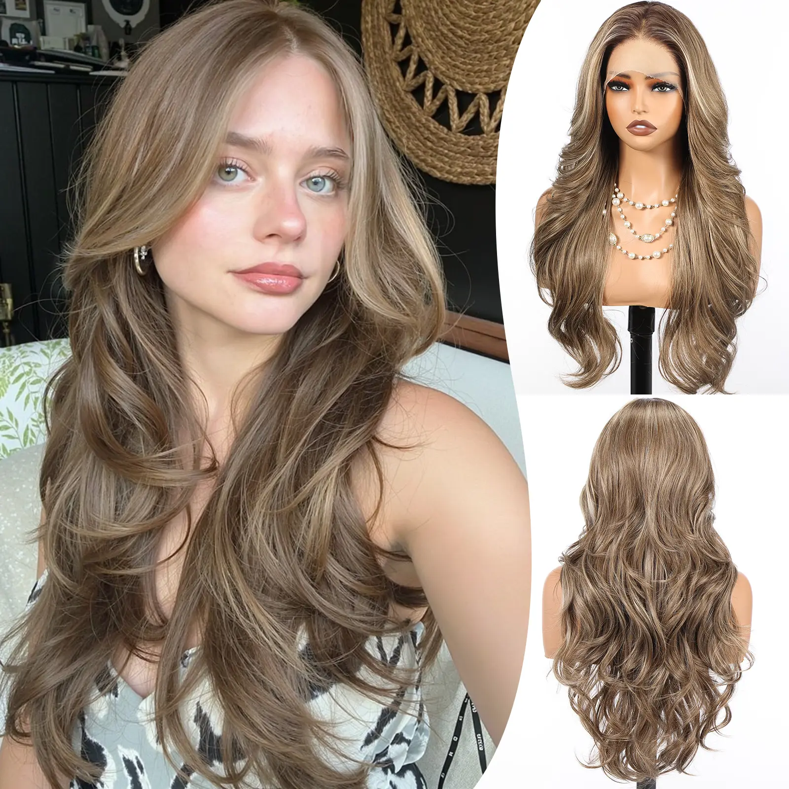 HAIRCUBE 13x4 HD Lace Front Synthetic Ash Brown Highlight Wig for Women 26 Inch,Heat Resistant Long Wave Layered, Glueless Lace Front Wigs