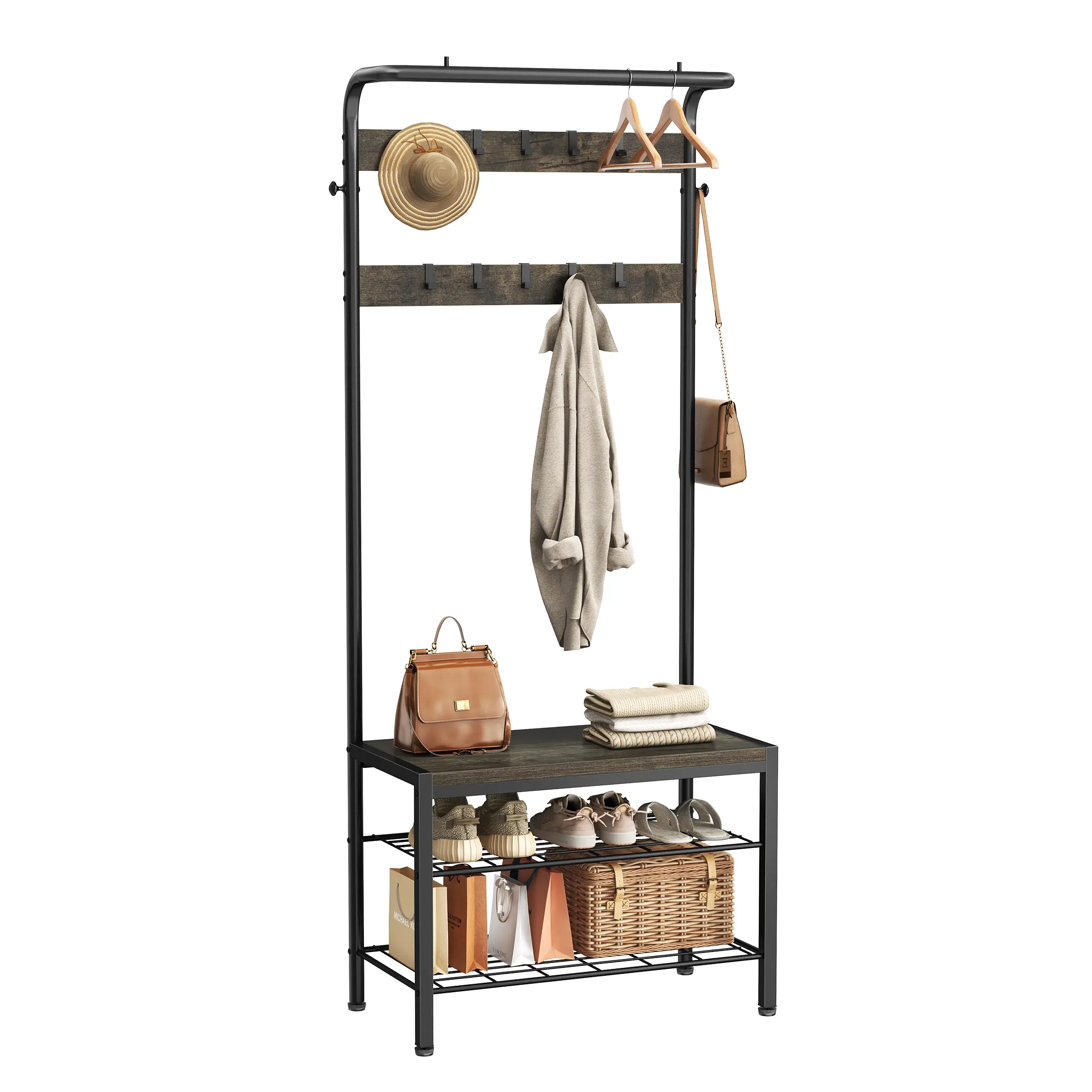 4-in-1 Coat Rack with Shoe Bench, Sturdy Steel & Wood Entryway Organizer with 10 Removable Hooks, Anti-Tip Design