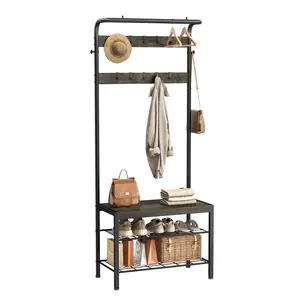 4-in-1 Coat Rack with Shoe Bench, Sturdy Steel & Wood Entryway Organizer with 10 Removable Hooks, Anti-Tip Design
