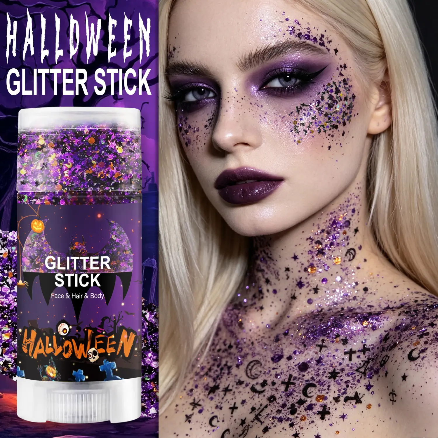 Summerween Halloween Body Glitter Stick, Bats Black Cat Ghost Skeleton Cross Glitter, Black Orange Purple Chunky Sequin Glitter for Face Body Hair, Women Kids Festival Carnival Makeup Cosmetic